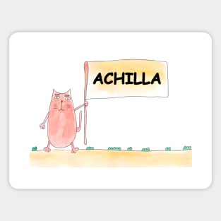 ACНILLA name. Personalized gift for birthday your friend. Cat character holding a banner Magnet